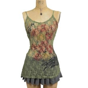 Weavers Forest Fairy Sheer Lace Cami Olive Green Red Floral Mesh Top Y2K Grunge